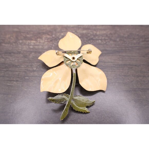 Vintage Enamel Yellow Flower Brooch Pin With Green Stem Large Petals 1970s 3x3" - Picture 4 of 9